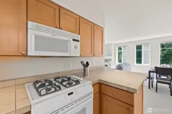 You have a counter space for a couple stools for additional eating space. Kitchen is open to dining area and living space.