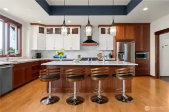 Custom Cambria quartz countertops and mahogany cabinetry delight in this kitchen.