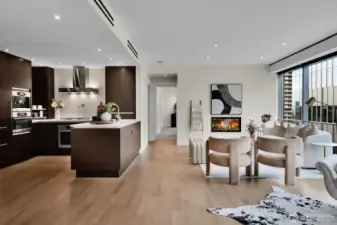 A look at the kitchen and living room from the den/office