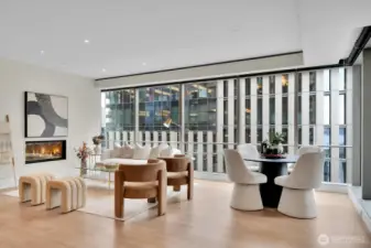 Alternate staging of living room with a dining table.