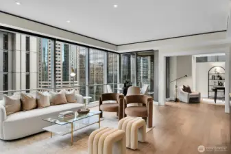 Alternate staging of living room with a dining table.