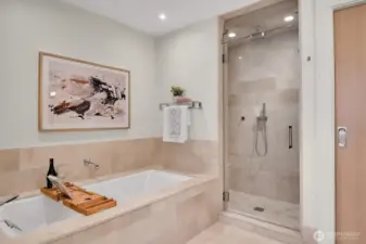 A look at the soaking tub and steam shower in the primary bathroom.