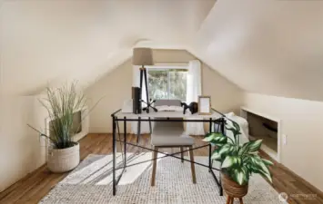 This light-filled loft creates a quiet retreat- perfect for a home office, reading nook, or creative studio.