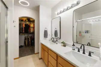 Primary bathroom looking toward the walk in closet.