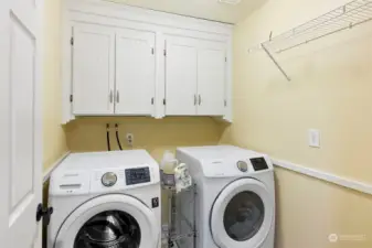 Such a cute laundry room with ample storage. Washer and Dreyer do not convey.