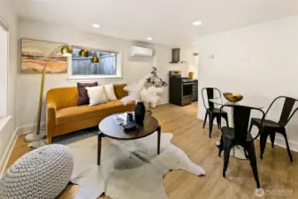 The lower level family room, with kitchen.