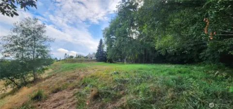 A view from the road looking up at the cleared portion of the lot. Your build just got easier  with water available from Bridgehaven Water system, power and cable on the street, and there's a connection to the community drain field.