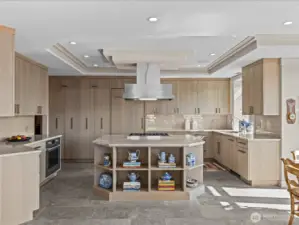 Timelessly designed kitchen with gorgeous slab onyx countertops, double ovens, built-in microwave, and gas stove top.