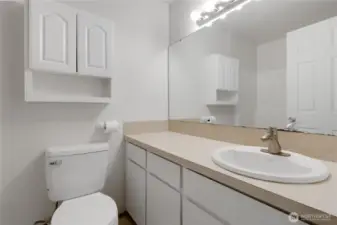 Primary bath with tub/shower combo and oversized vanity