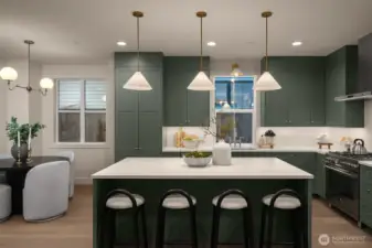 Chef's kitchen with quartz island and countertops.