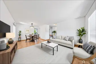 Virtually staged living room/formal dining room combo