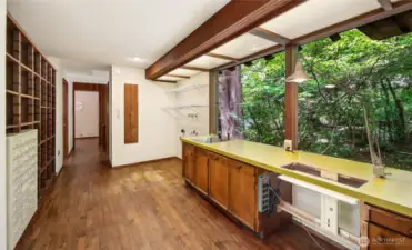 The hallway on the upper level connecting the bedroom wings.