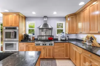 Kitchen Aid stainless steel appliances, pot filler above stove, double ovens (top one is convection).