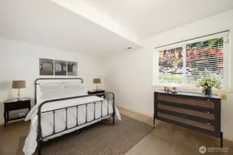 This lower-level third bedroom, virtually staged, offers generous space and versatile living options.