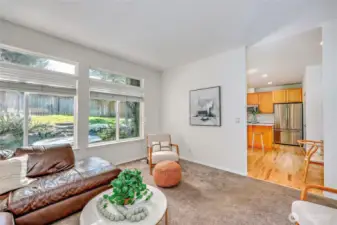 The family room feeds into the kitchen, with eating area.