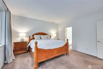 The large primary bedroom looks over the back yard. Ample space for a sitting area here.