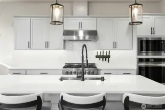 A stunning kitchen centerpiece, the expansive island offers bar seating, quartz countertops, and stylish pendant lighting. Clean-lined cabinetry and a professional-grade range complete this bright, modern space designed for gathering and entertaining.