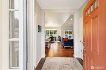 Gleaming engineered hardwood floors are warm and inviting as you enter this truly special home. Custom laquered millwork and doors, and designer colors and lighting thoughout, ensure long-lasting beauty.