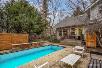 Private Yard - Private pool - 4-5 ft depth, standing ledge along length & 3 water fountains