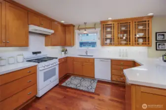 Bright and sunny kitchen with new quartz countertops, backsplash and range.
