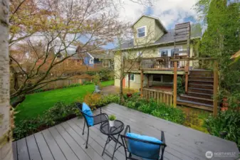 Amazing fully fenced backyard with garden space and multi-level deck.