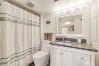 Lower-level full bath features a modern vanity, updated lighting, and a clean, classic design