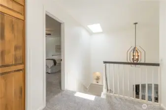 Spacious loft includes storage cabinets. Note the bright skylight and lighted art nook in the stairway!