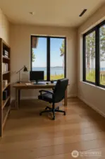 Bright home office with large windows capturing serene water views, perfect for work or quiet focus.