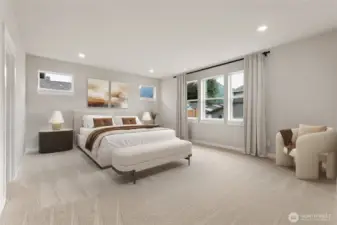 Primary bedroom. Photo rendering is representational. Actual home is under construction and finishes, elevation, and paint colors may vary. See site agent for details.