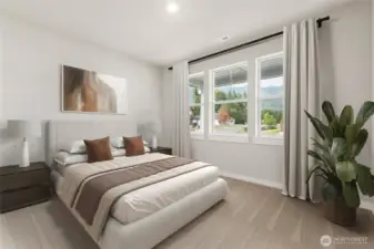 Primary bedroom. Photo rendering is representational. Actual home is under construction and finishes, elevation, and paint colors may vary. See site agent for details.