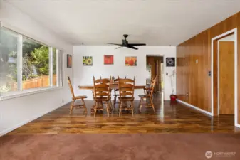 The dining room, with a ceiling fan.