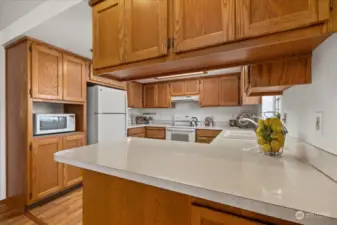 so much cooking space & storage, newer appliances & a garden window with a view.