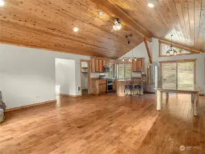 Custom oak floors throughout home , custom cedar ceiling in the great / living room - wood sourced and crafted locally.