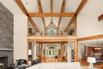 High ceilings and exposed beams add a touch of elegance.