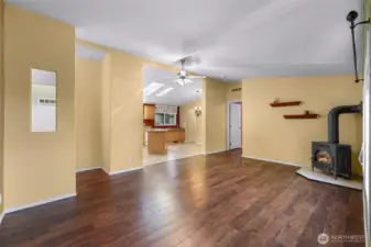 Vaulted ceilings, open floor plan.