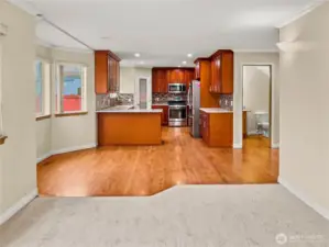 The family room is a natural extension of the kitchen and casual dining area.