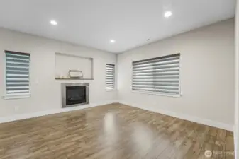 Gas fireplace, designer window coverings