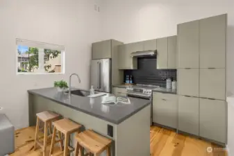 Quartz counters and stainless steel appliances. There is an outlet in the pantry cabinet for a microwave.