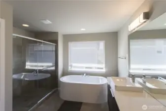 Chic Master Bathroom w/stand-alone tub, large shower, double-sink counter & tile floors