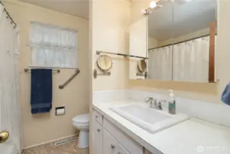 Full bathroom with some bars for safety