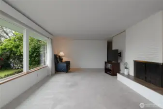 the living room from the direction of the sun room. with peeks of the back yard.
