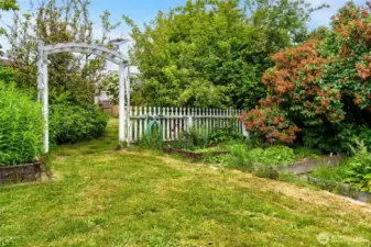 White picket fence and arch split the backyard, keeping it cozy and manageable.  a little TLC will go a long ways here.