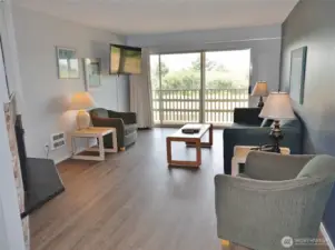 Living Room w/ LVP flooring, hide-a-bed couch and large slider to the private Deck.