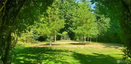 entering second lawn through hedge/arch/arbor