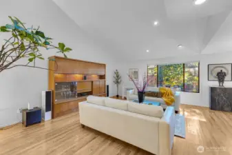 High ceilings, loads on natural light, bright and expansive living room.
