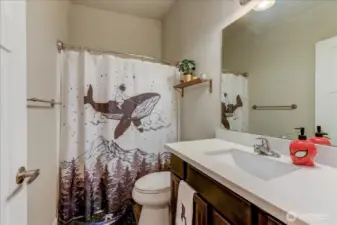 Main bath is a full bath and has the same cabinets and Quartz countertops as the rest of the home.
