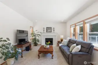 Large light filled family room and fireplace
