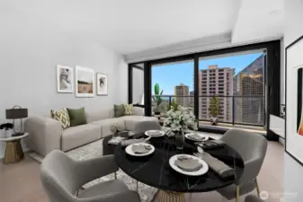 Virtually staged living room and dining area