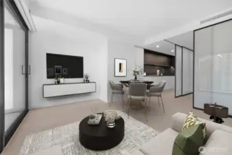 Virtually staged open living room and dining space