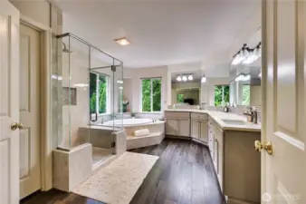 Double doors open to the spa inspired beautifully updated bath